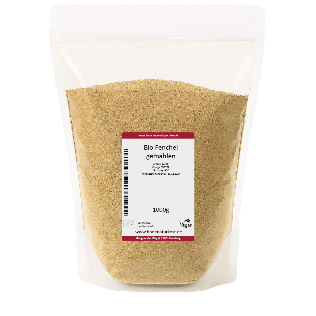 Organic ground fennel in a 1000g resealable bag with product label