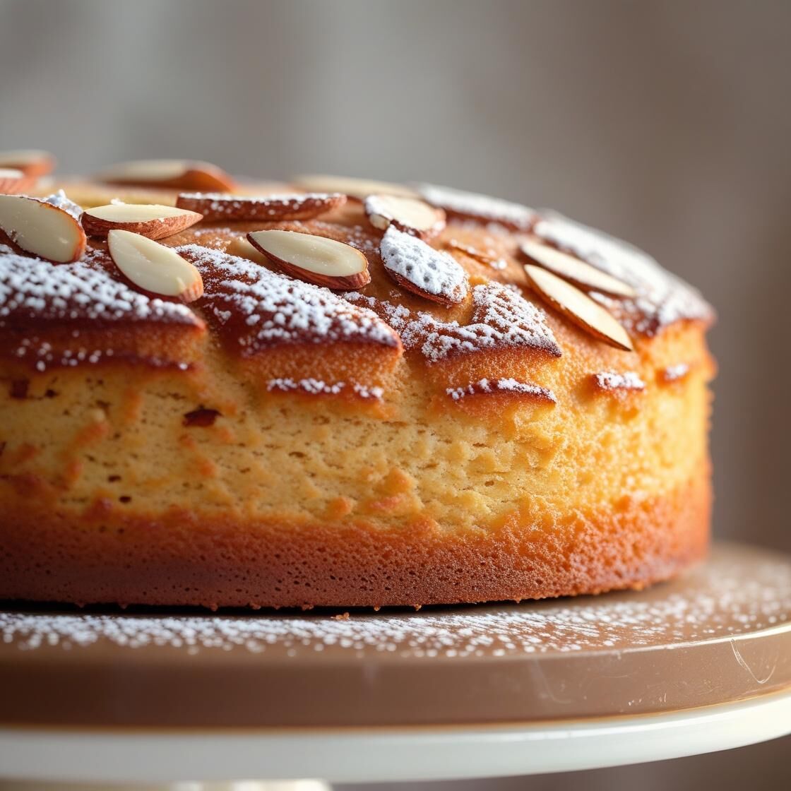 Close-up of almond cake dusted with icing sugar