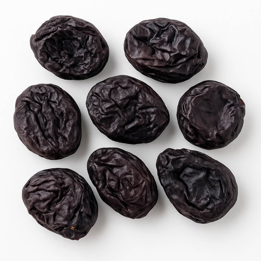 Eight dried prunes arranged on white surface