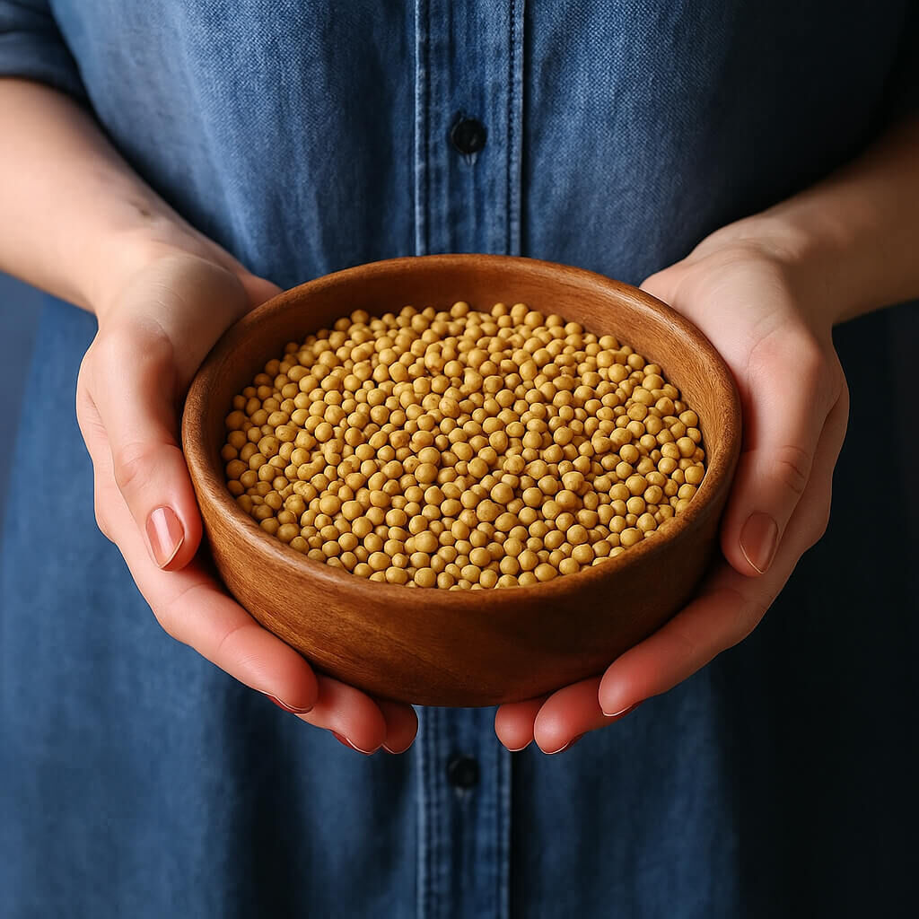 Hands holding a wooden bowl of yellow mustard seeds