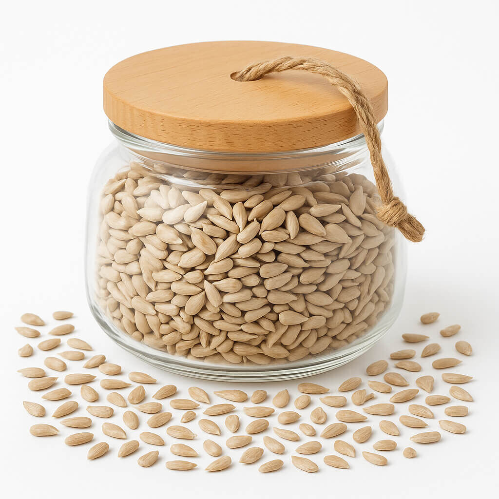 Close-up of jar filled with shelled sunflower seeds
