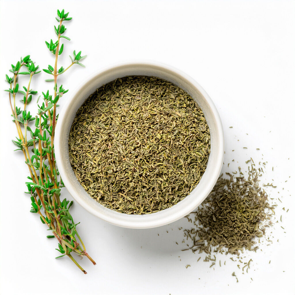 Hvid skål med tørret timian, friske timiankviste lagt ved siden af og lidt spildt krydderi på hvid baggrund