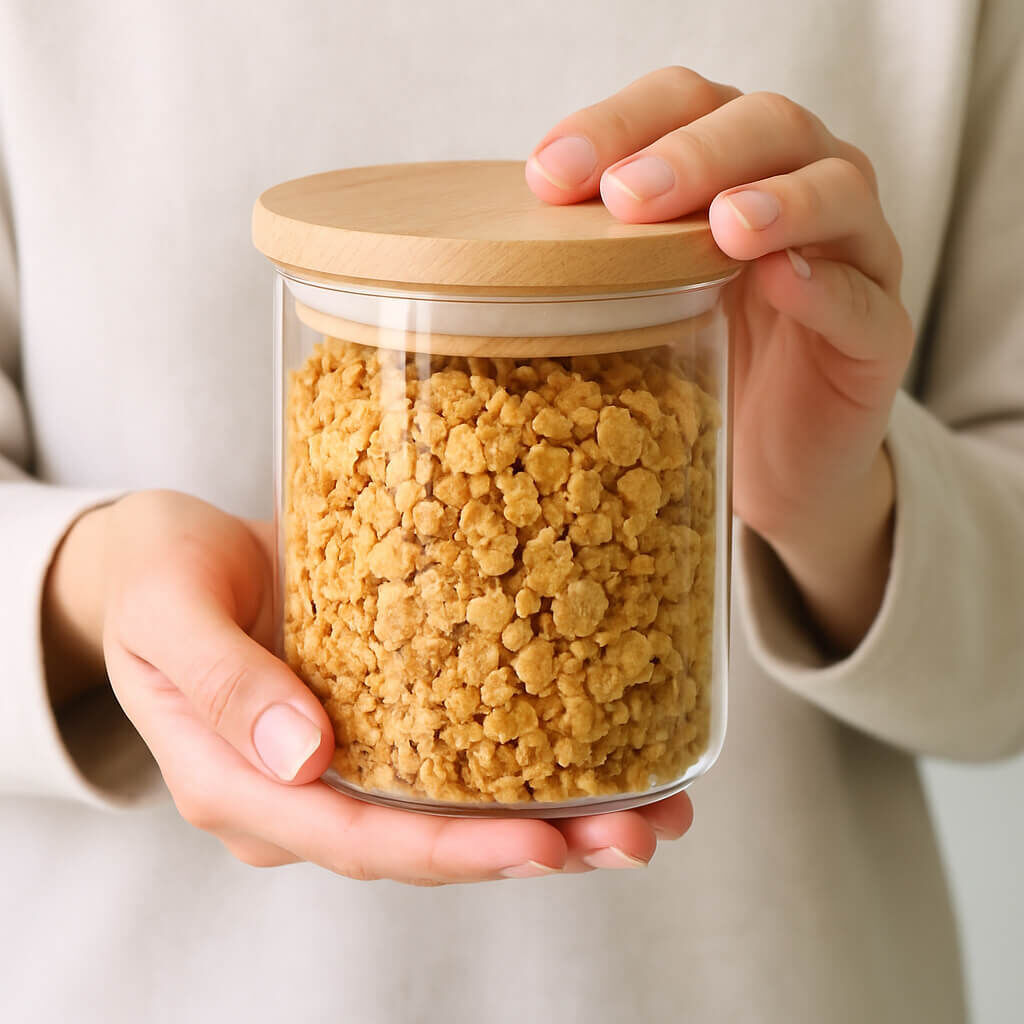 Glass jar with crunchy cereal and wooden lid