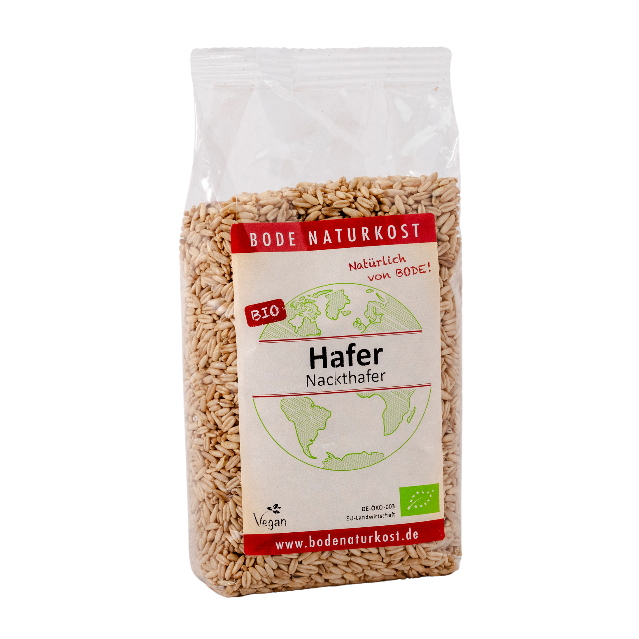 Plastpose med økologiske nøgne havrekerner fra Bode Naturkost, etikette med jordklodeillustration, 'BIO' mærkat, vegan-symbol og synlige lyse havreker.