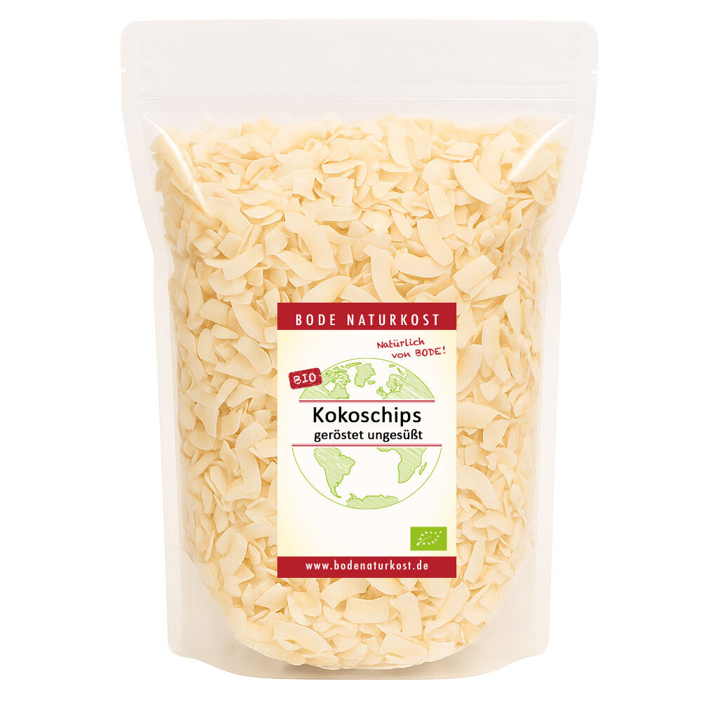 Pouch of organic roasted unsweetened coconut chips