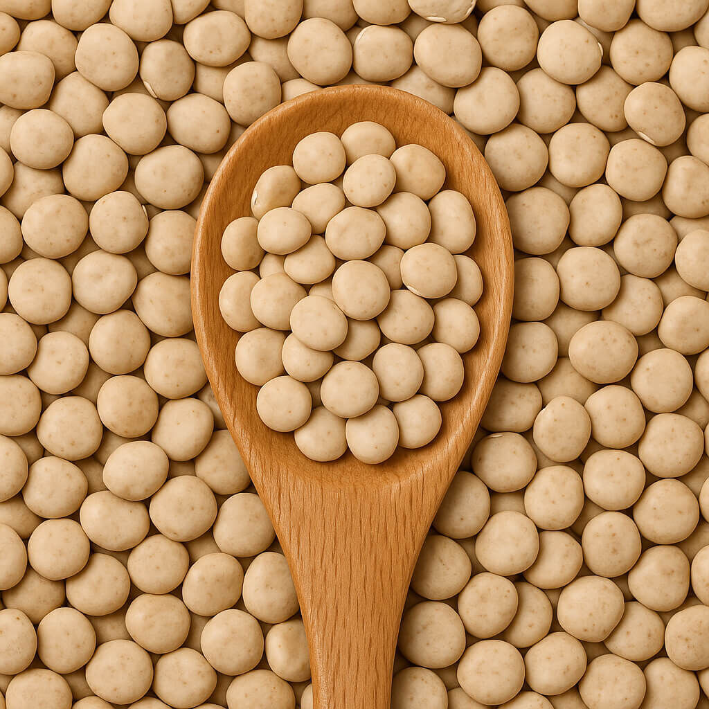 Close-up of beige yoghurt-coated candy balls in spoon