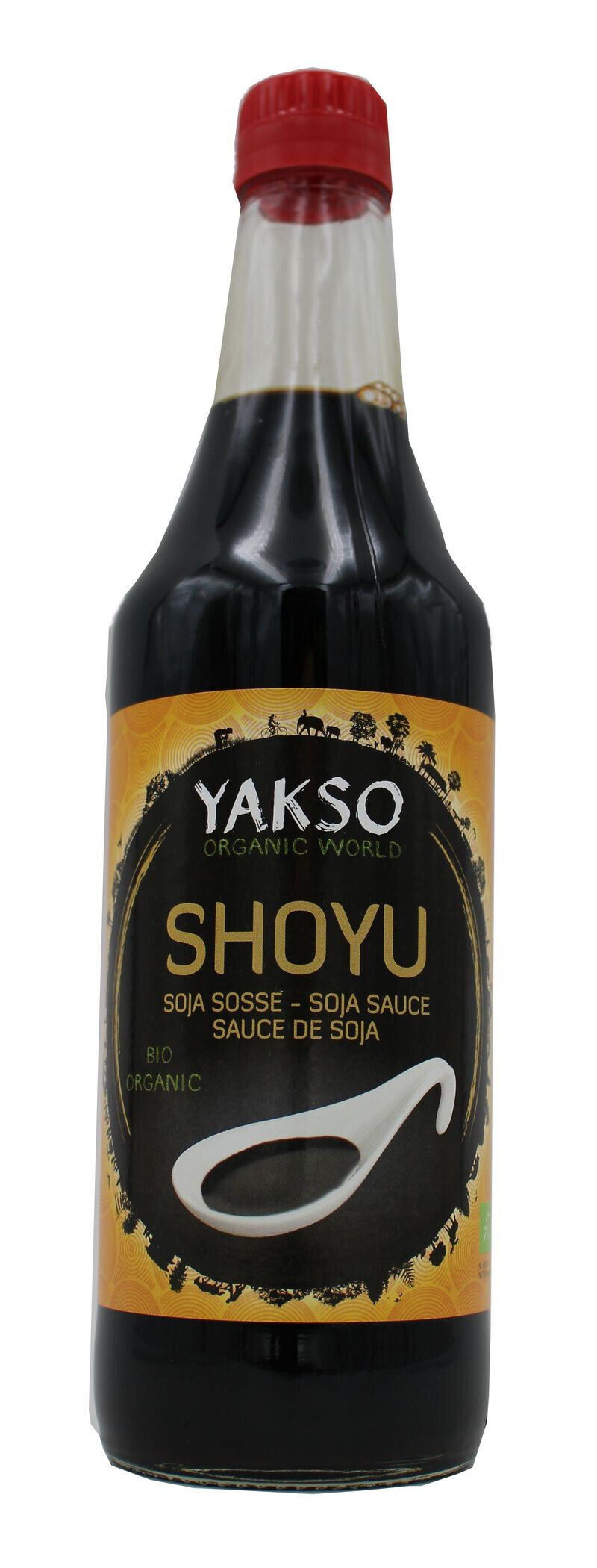Produktbillede af Yakso økologisk Shoyu sojasauce i en mørk glasflaske med rød kapsel og sort-gul etiket