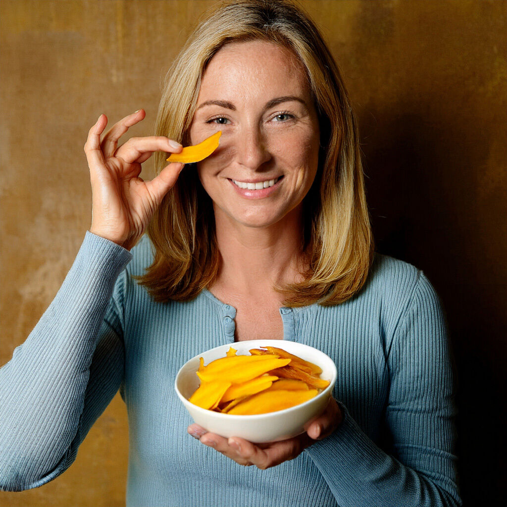 Kvinde smiler med en skål mangoskiver, holder en ved sit ansigt