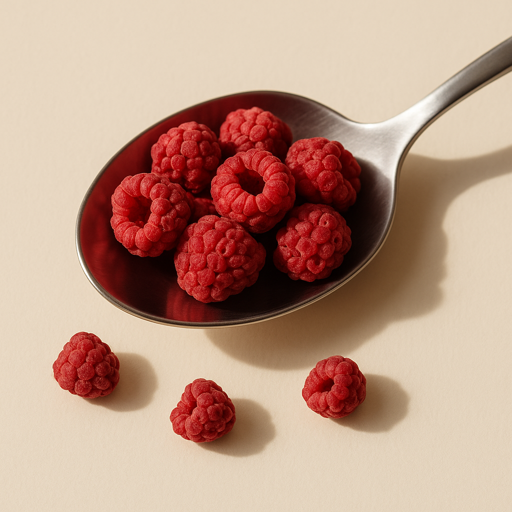 Nahaufnahme roter gefriergetrockneter Himbeeren im Löffel