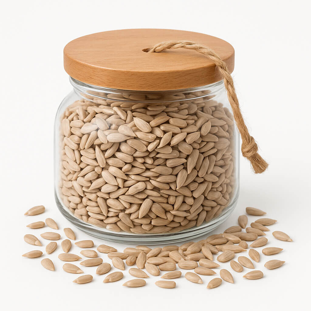 Jar of hulled sunflower seeds on white background