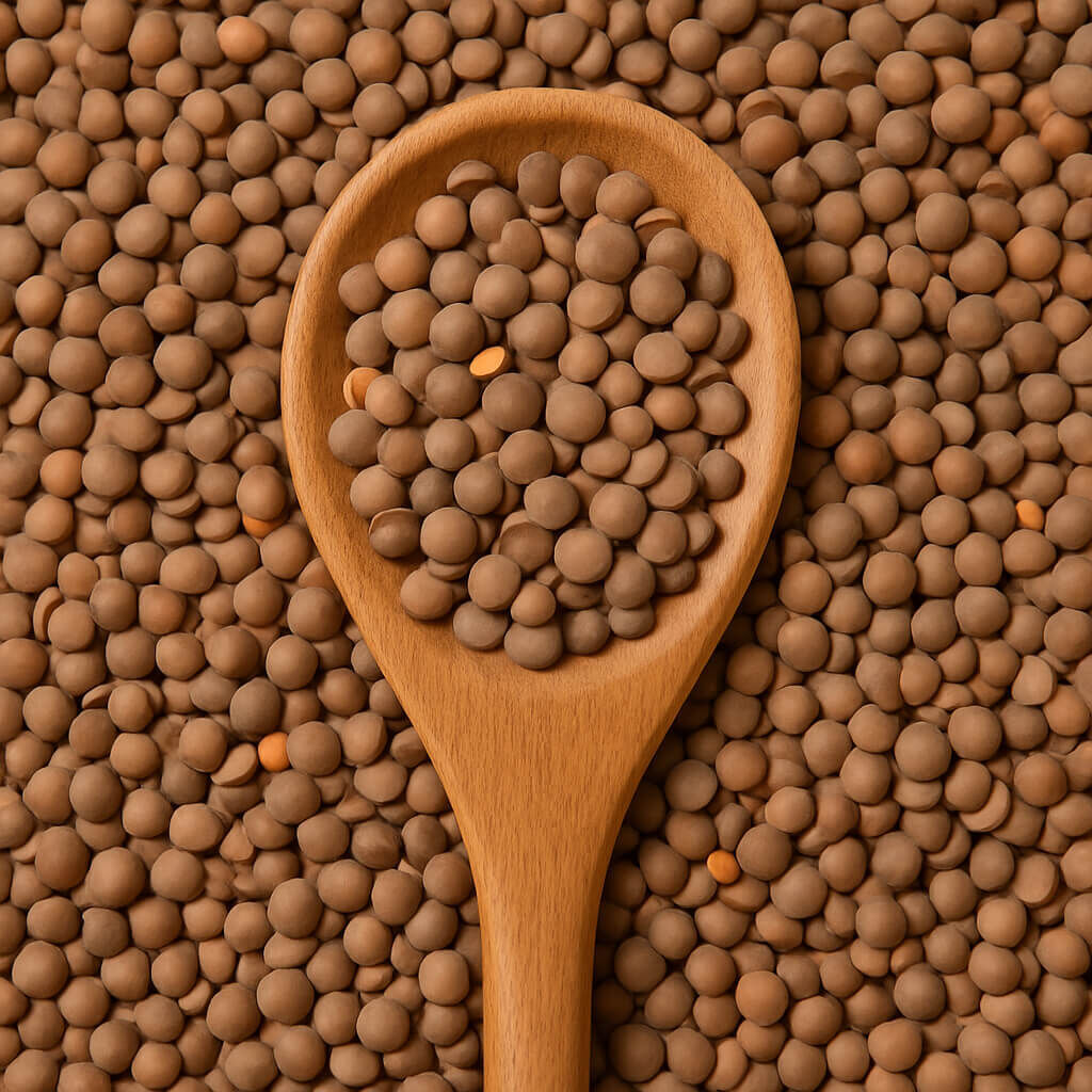 Brown lentils in wooden spoon on lentil background