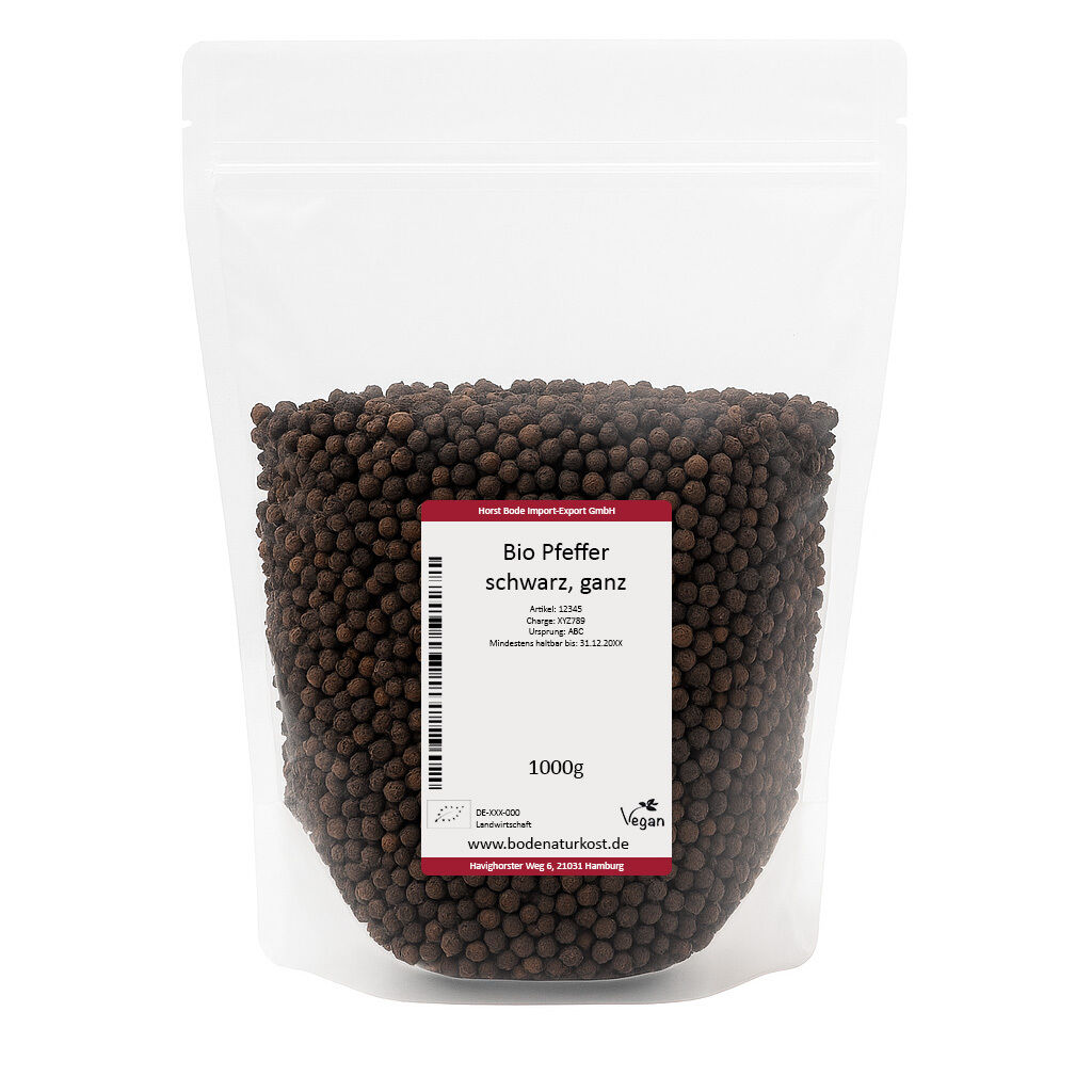 Genlukkelig gennemsigtig pose fyldt med 1000 g økologiske hele sorte peberkorn med hvid etiket foran