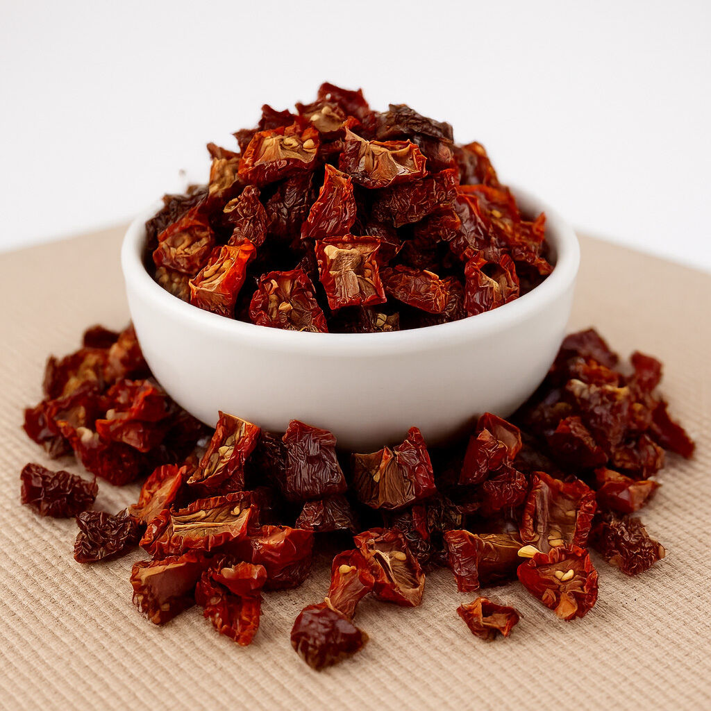 Sun-dried tomato pieces in white bowl