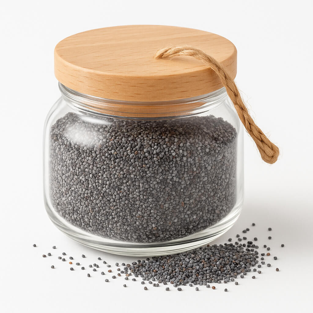 Poppy seeds in a glass jar with wooden lid