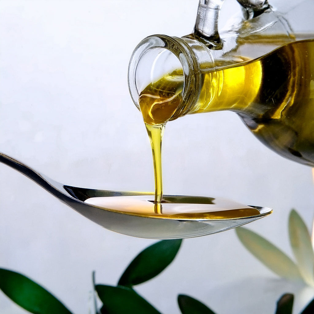 Bottle pouring extra virgin olive oil into spoon