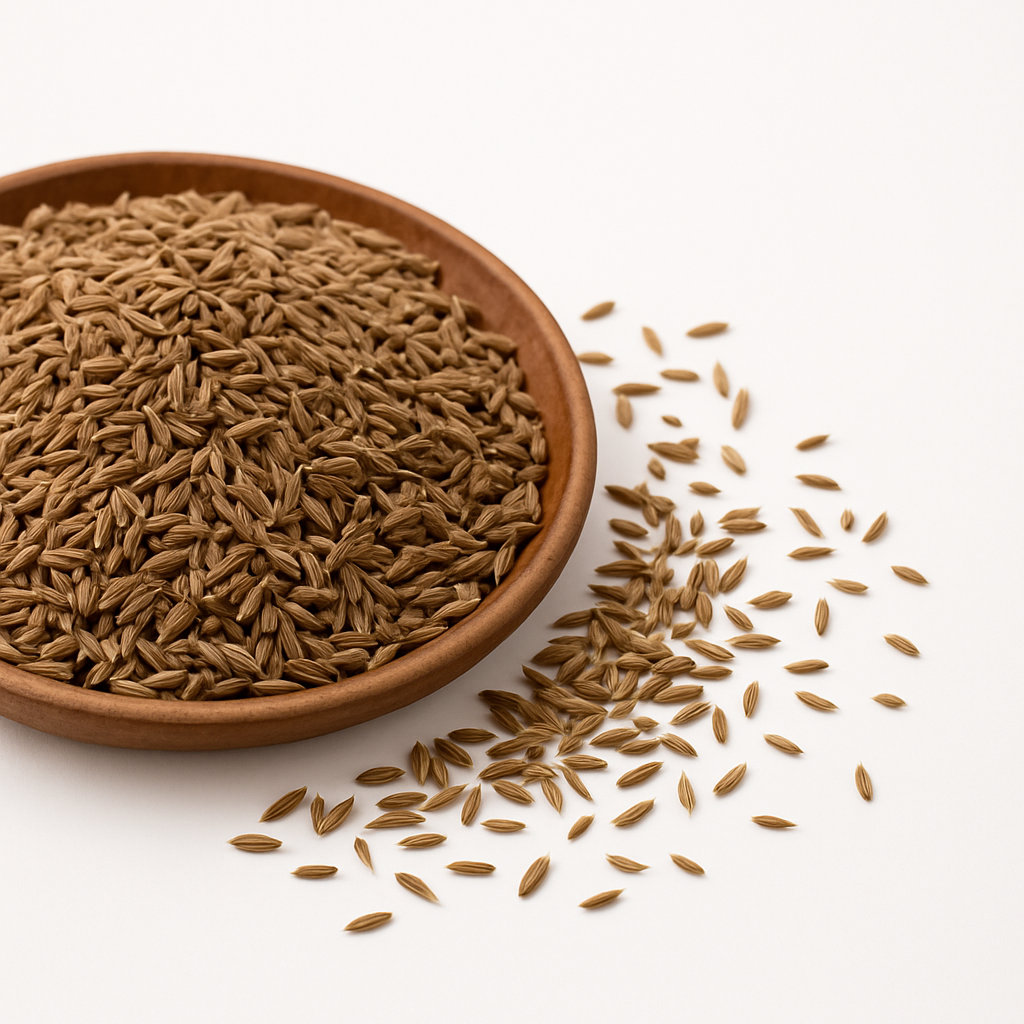 Brun keramisk skål fyldt med hele bygkerner, med nogle korn spredt ved siden af på hvid baggrund