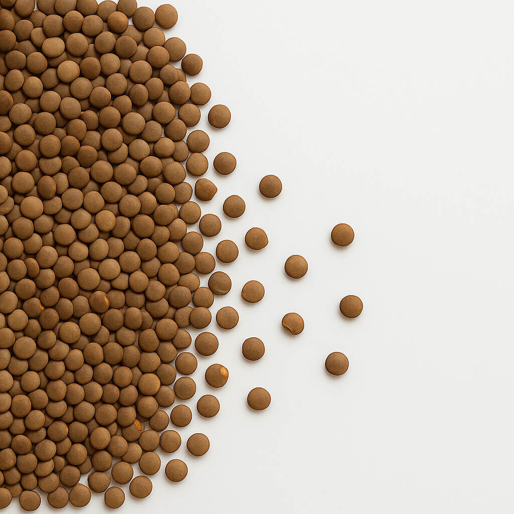 Close-up of small brown spherical pellets scattered on white