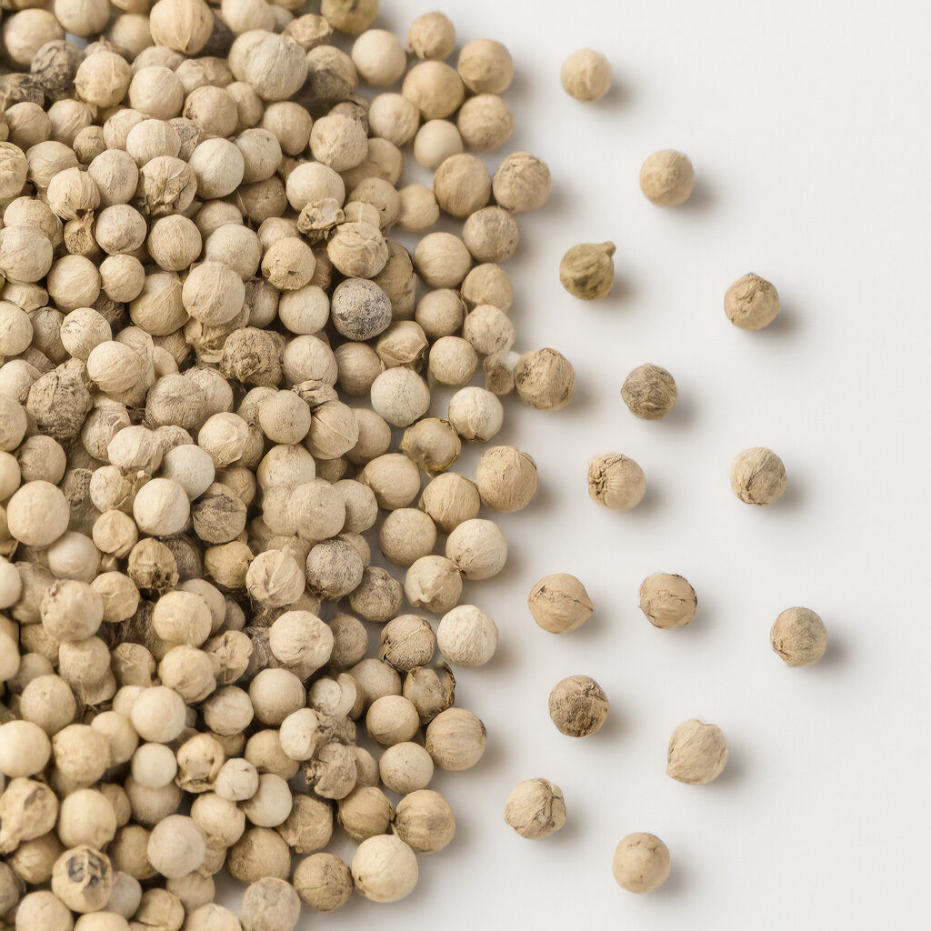 Close-up of Whole White Peppercorns Scattered on White Background