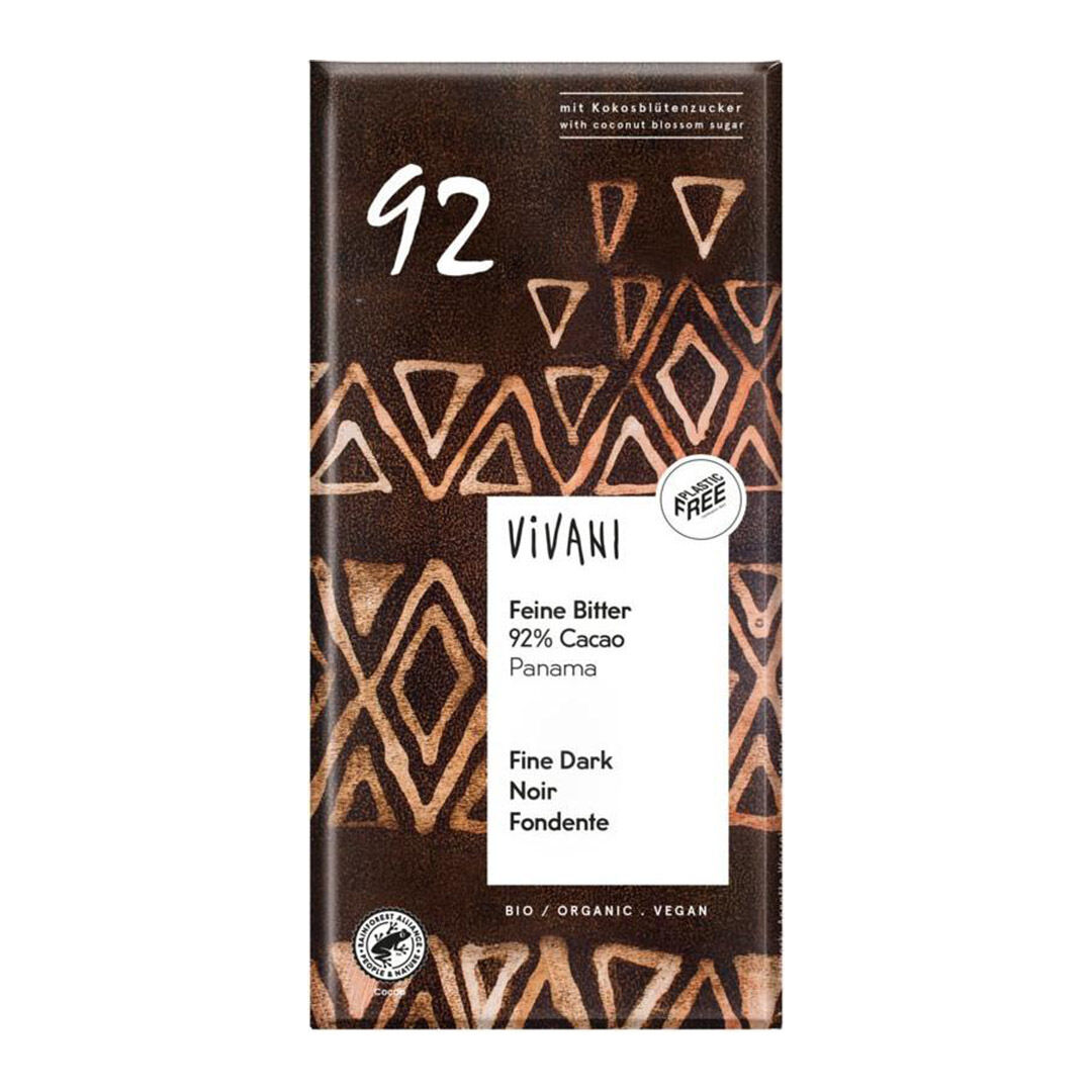 Vivani Feine Bitter 92% Cacao Panama, Schokoladentafel in brauner Verpackung mit geometrischem Muster, Aufdruck "92", Hinweis "Plastic Free" sowie Angaben zu Bio/Organic und Vegan