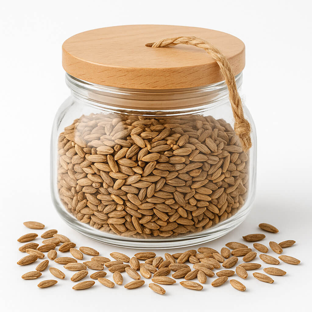 Clear glass jar filled with barley grains