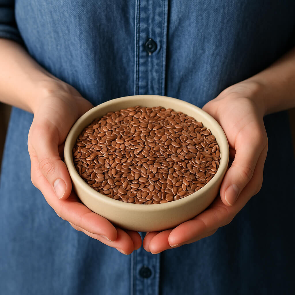 Close-up of hands holding bowl of flaxseeds