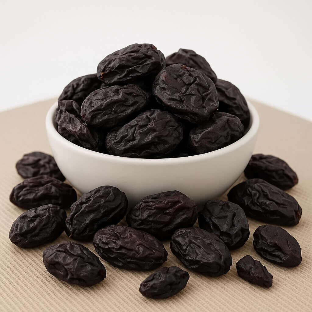 Close-up of dark dried prunes on beige fabric