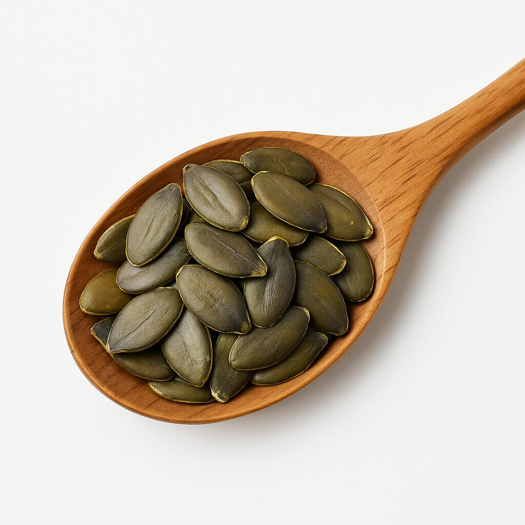 Pumpkin seeds (pepitas) in wooden spoon on white background