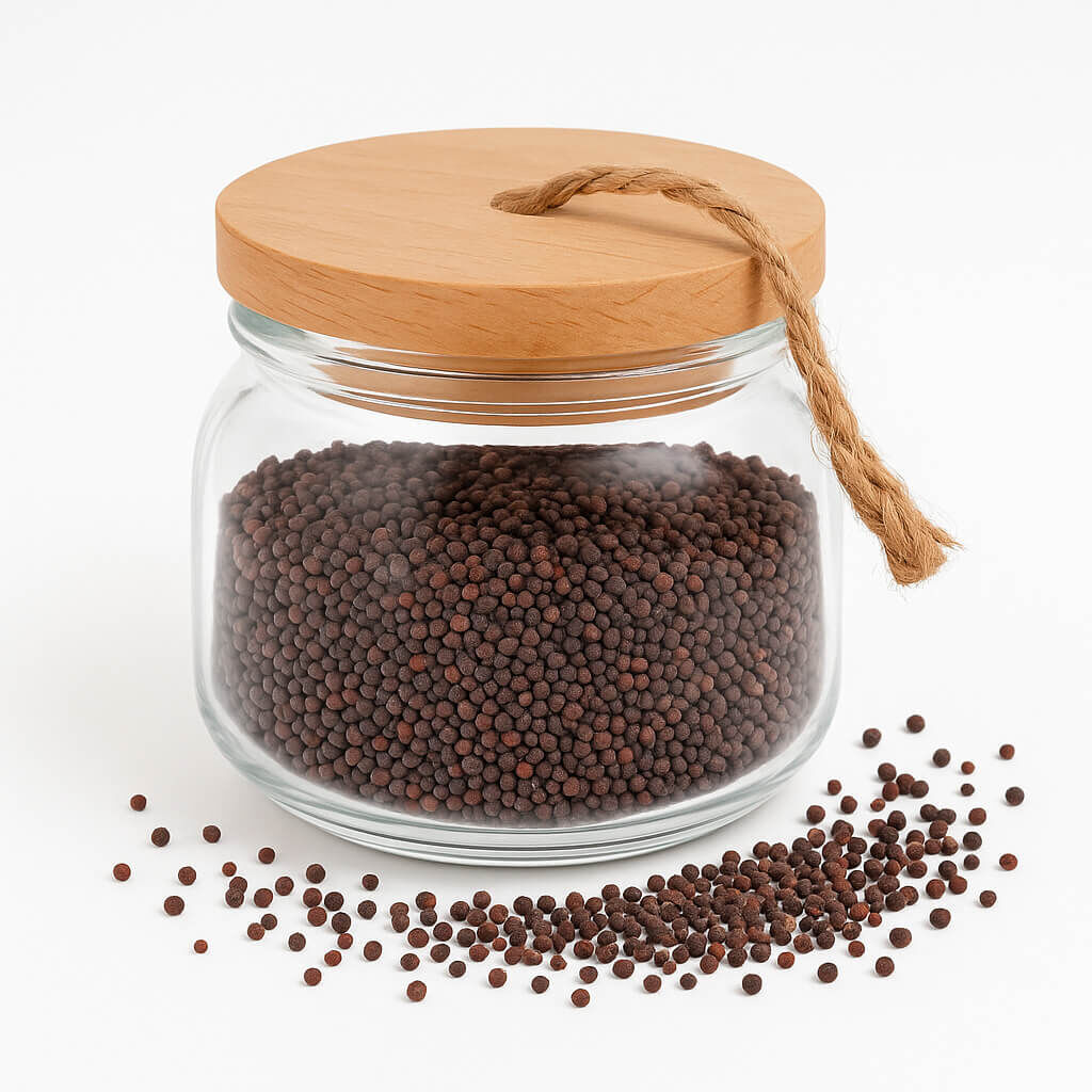 Clear glass jar filled with small brown pellets