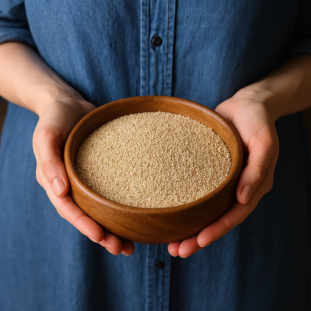 Hands holding wooden bowl of raw quinoa