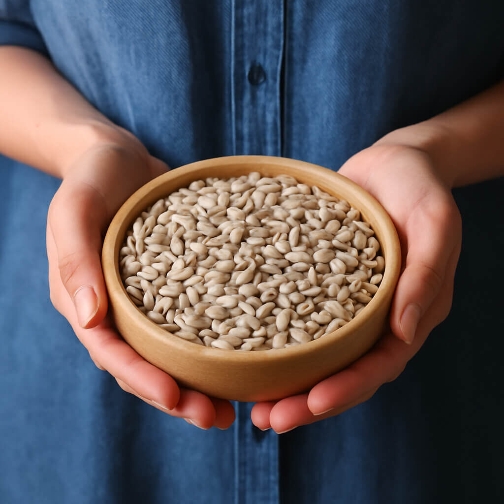Hands holding wooden bowl of shelled sunflower seeds