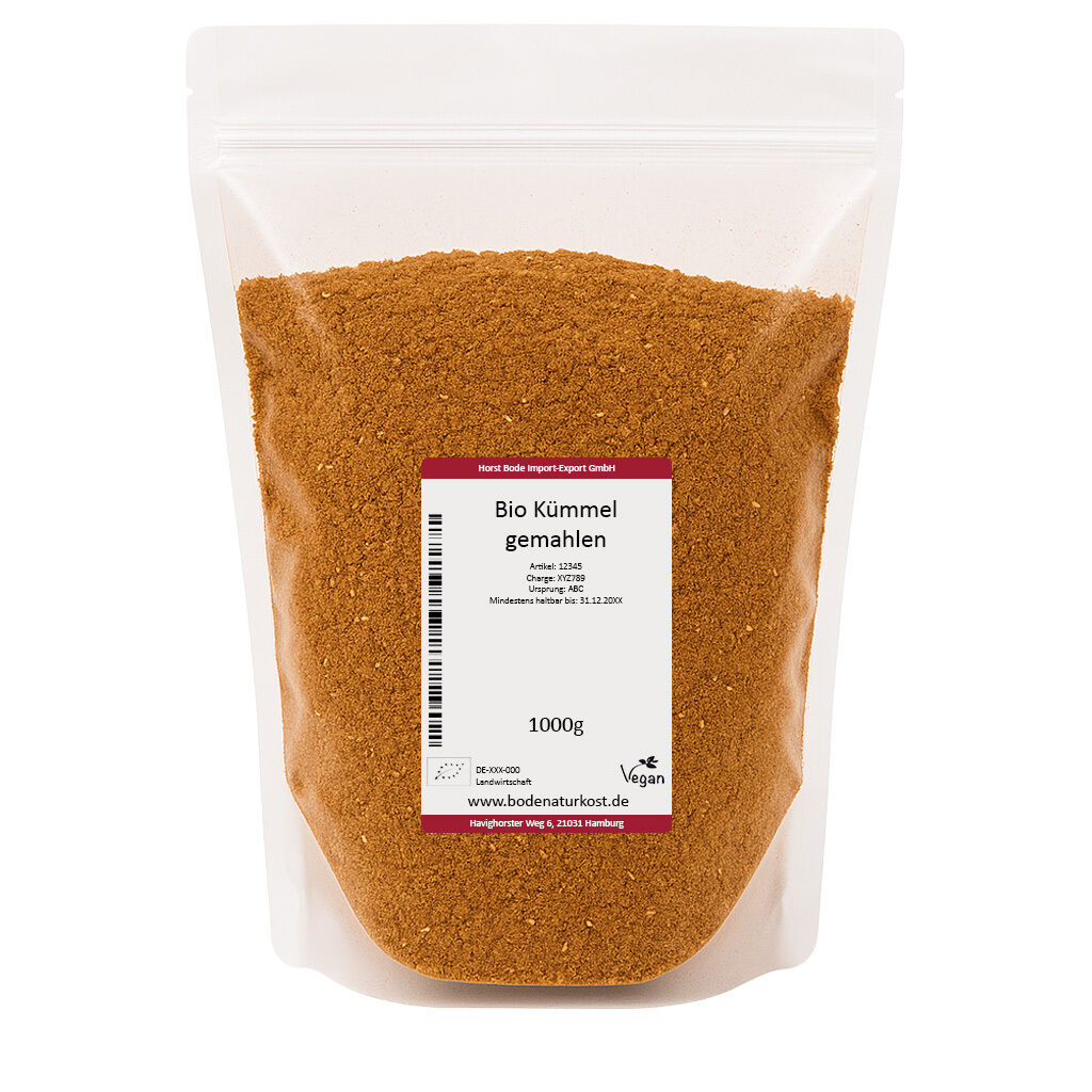 A 1000g pouch of organic ground caraway from Horst Bode Import Export GmbH, labeled as vegan and featuring product details.