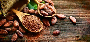 Raw cocoa beans and powder on wooden surface