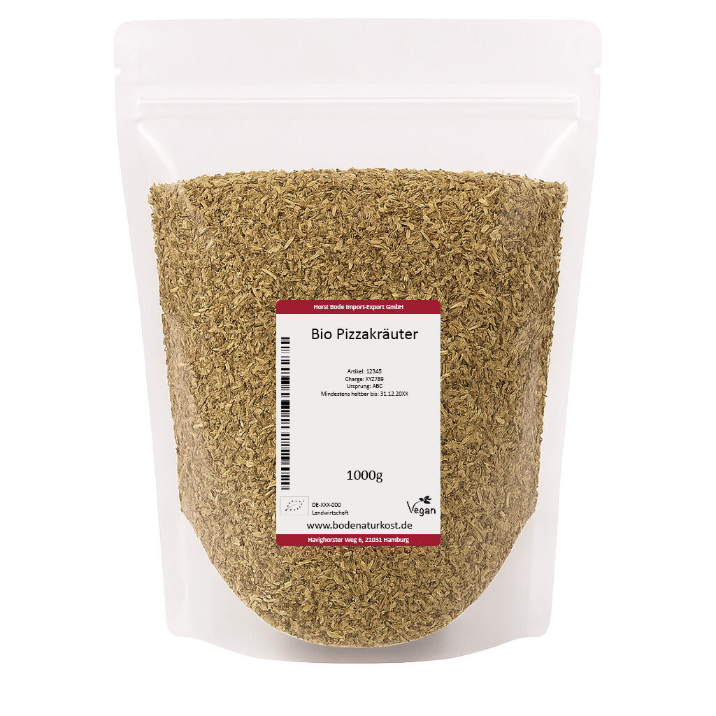 En genlukkelig pose med 1000g økologiske pizzakrydderier.