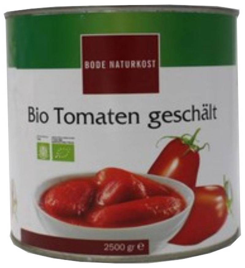 Dåse med økologiske flåede tomater (2500 g) fra Bode Naturkost, hvid etiket med billede af tomater