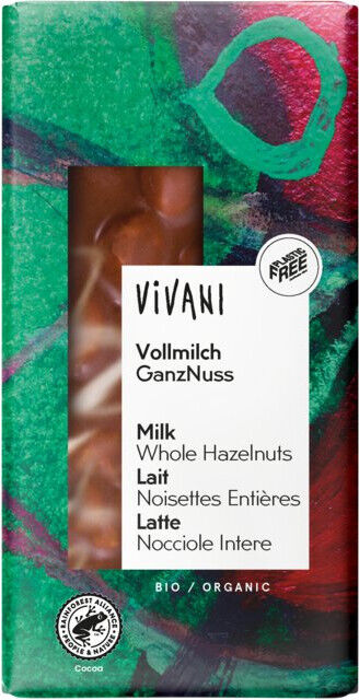 Vivani Vollmilch GanzNuss Tafelschokolade mit ganzen Haselnüssen, grün-rote Verpackung mit Sichtfenster, Bio- und plastikfrei-Label
