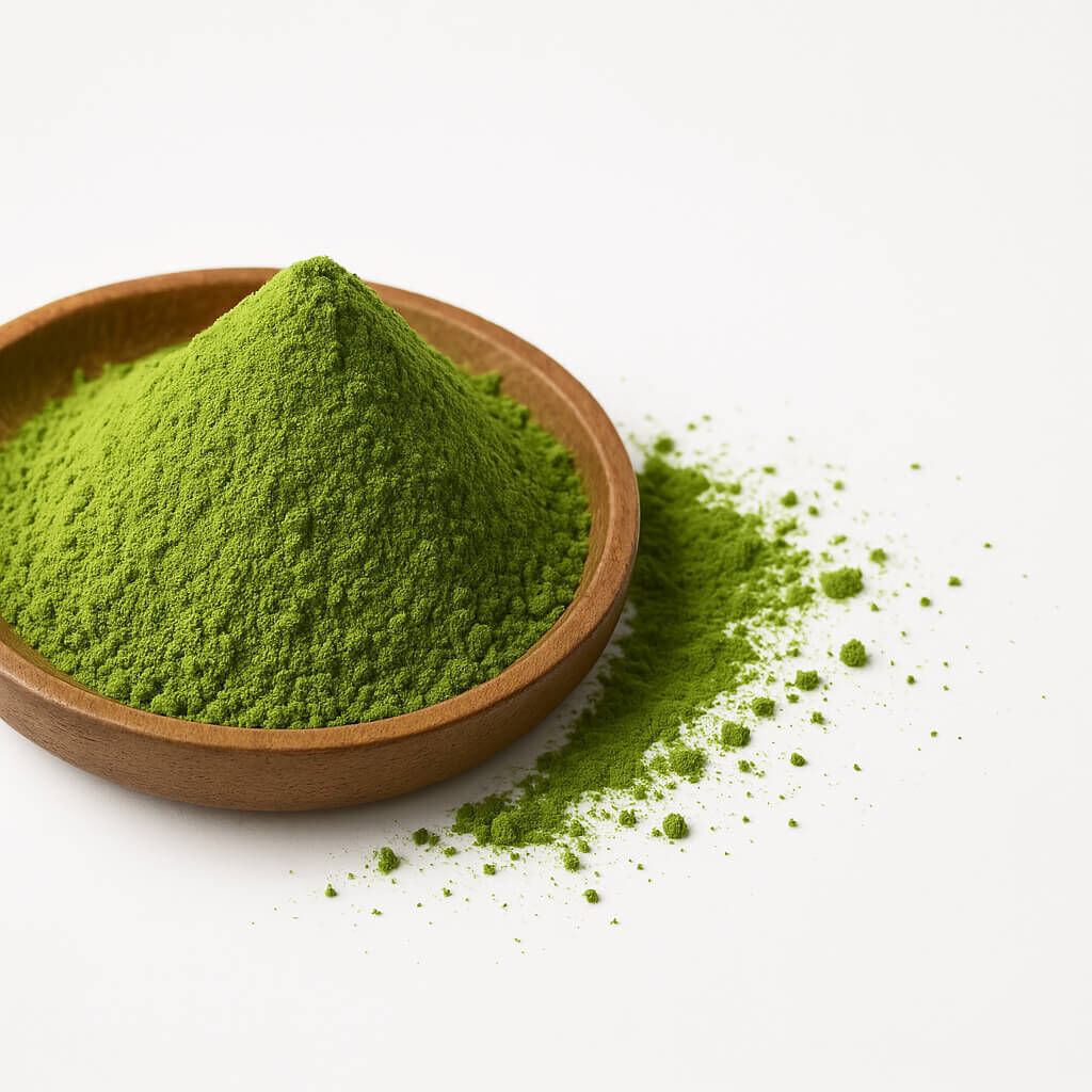 Wooden bowl of vibrant green matcha powder
