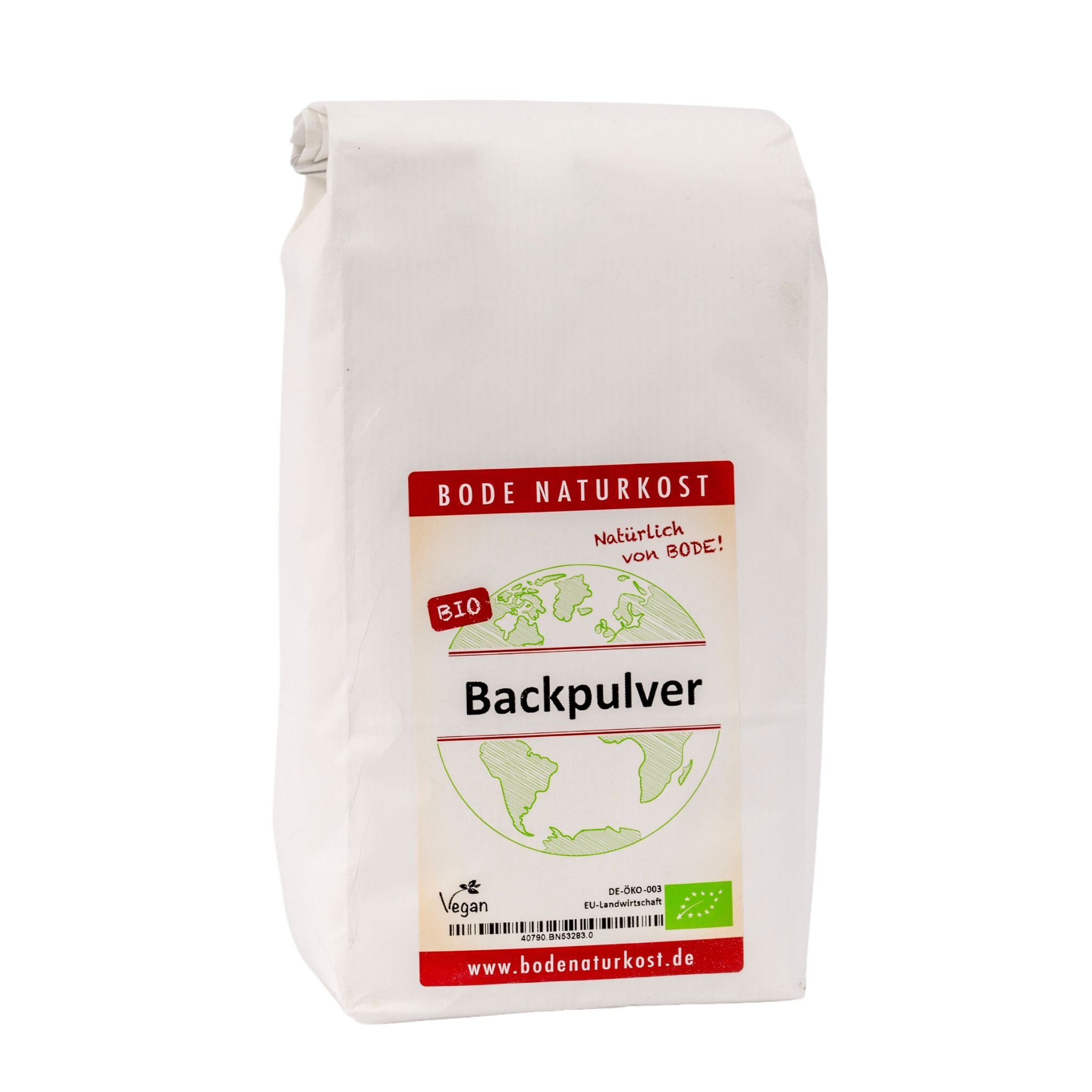 Hvid papirpose med Bode Naturkost økologisk bagepulver (Backpulver)-etiket, BIO- og vegansk mærkning samt EU-økologisk logo