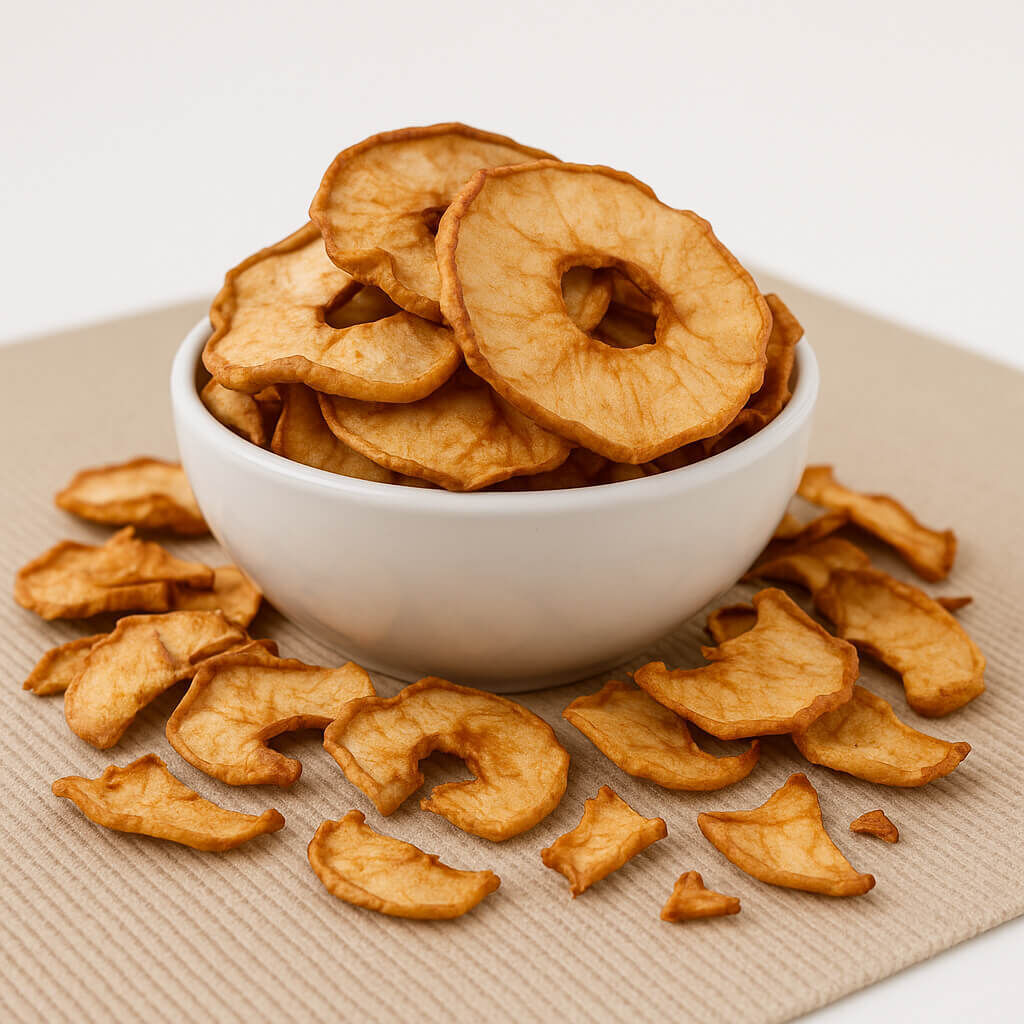 Bowl of dried apple rings on beige mat