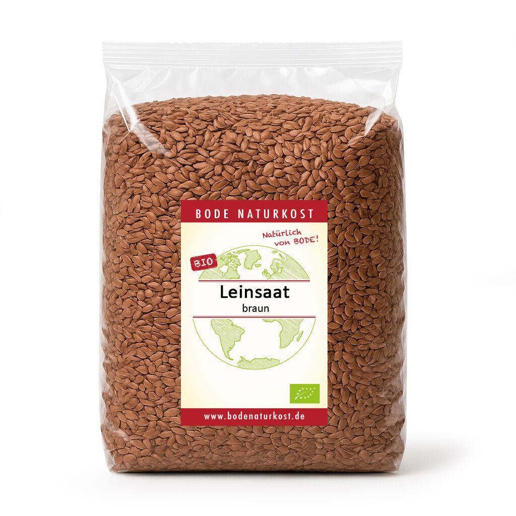 Clear bag of organic brown flaxseed