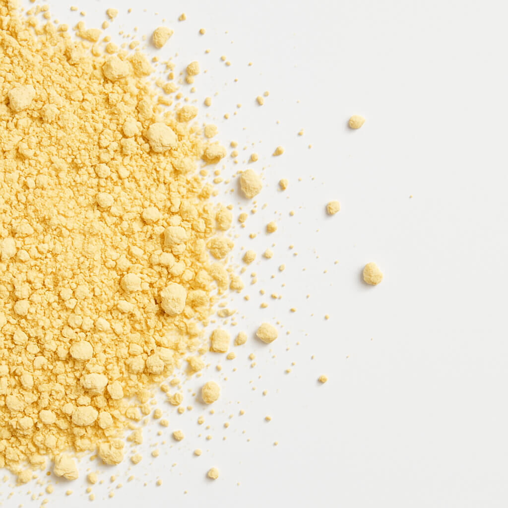 Loose yellow spice powder scattered on white surface