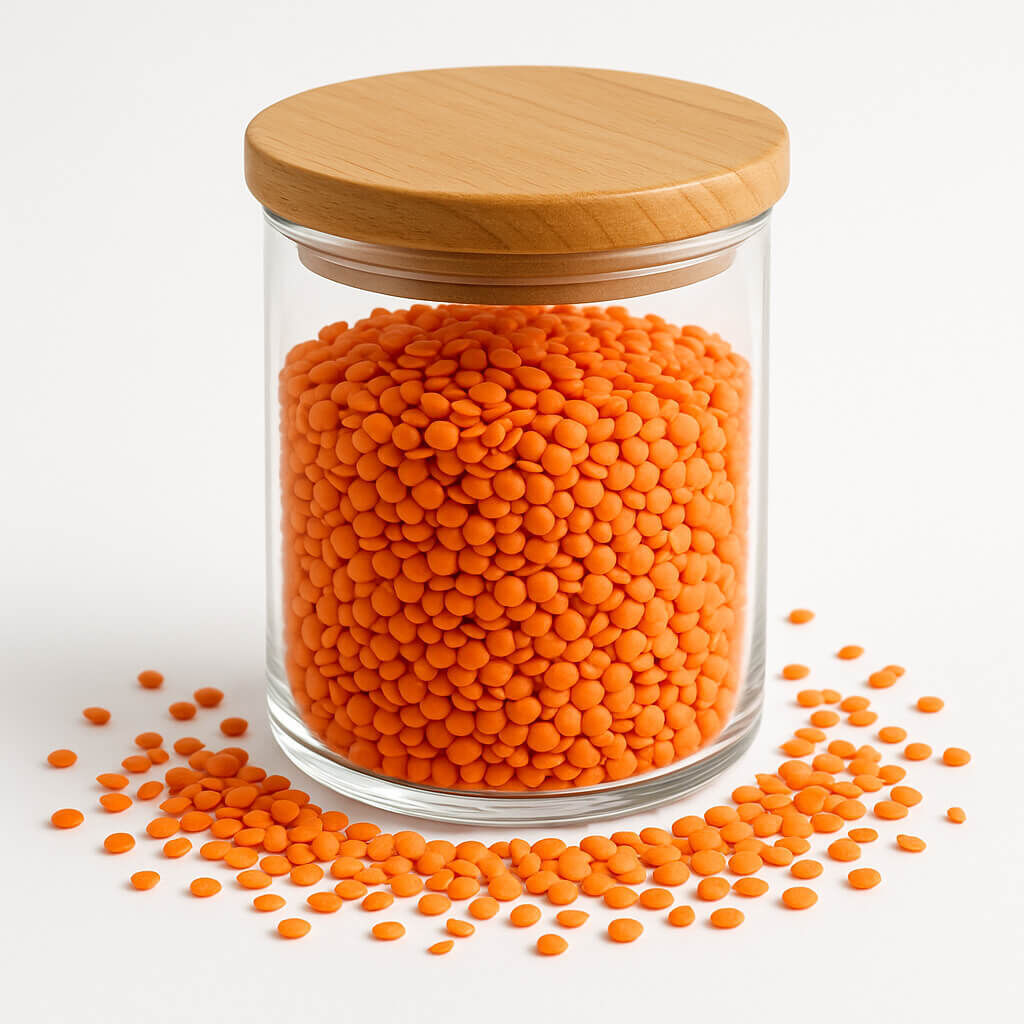Glass jar filled with orange lentils on white background