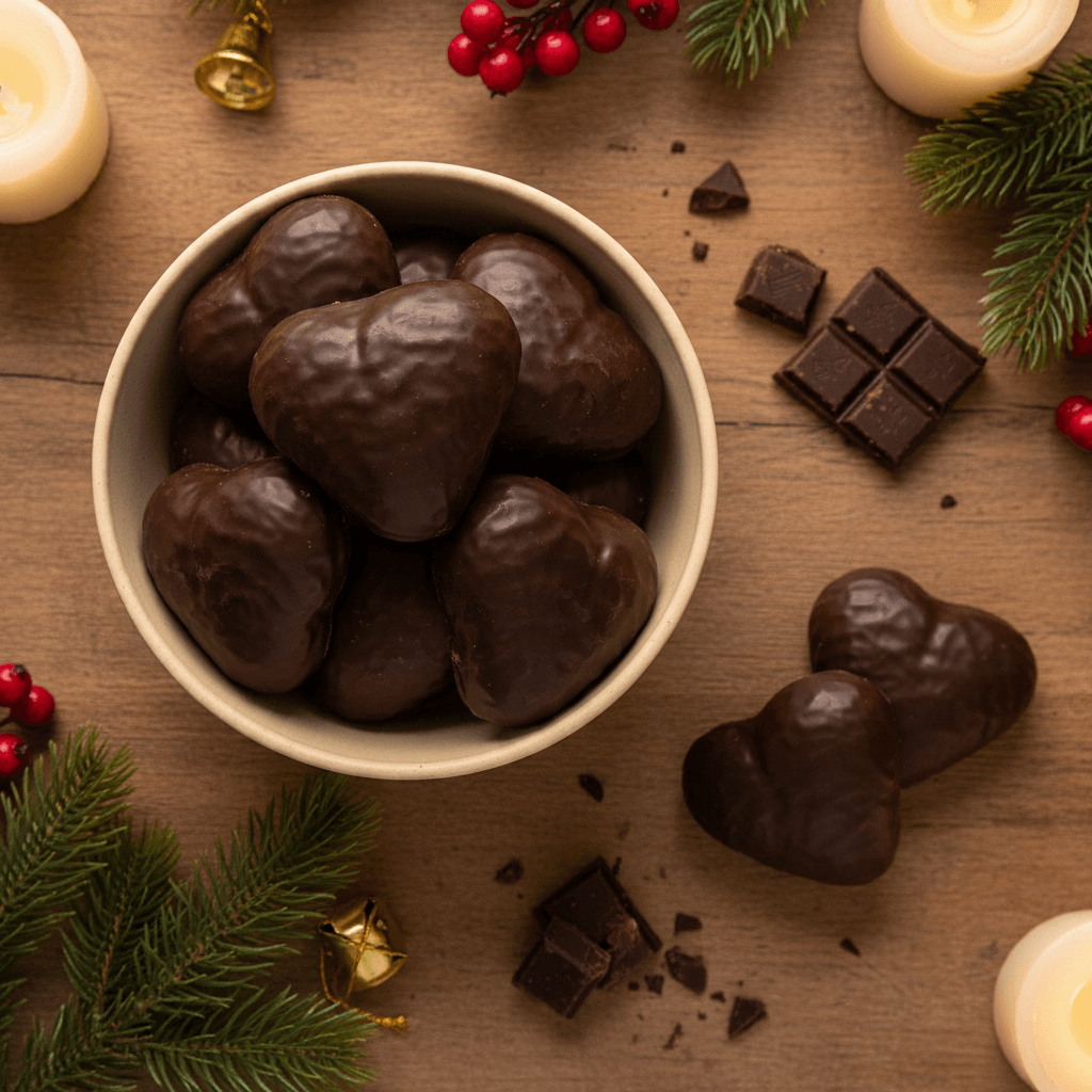 En skål med hjerteformede, chokoladeovertrukne småkager, omringet af festlige dekorationer og chokolade, der skaber en charmerende festlig scene.