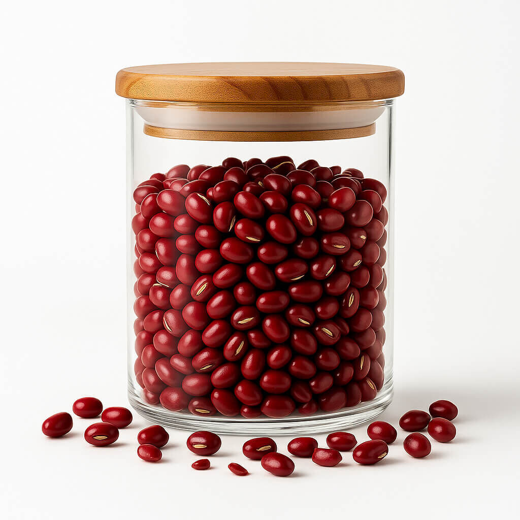 Glass jar filled with red beans and wooden lid
