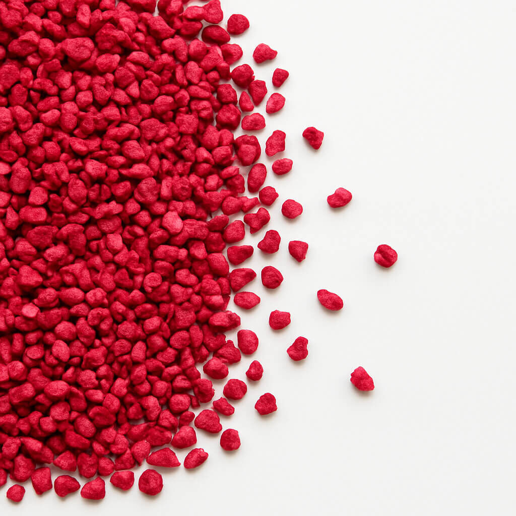 Close-up of small red pebbles scattered on white background