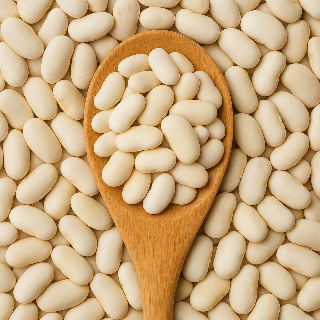Close-up of cannellini beans on wooden spoon
