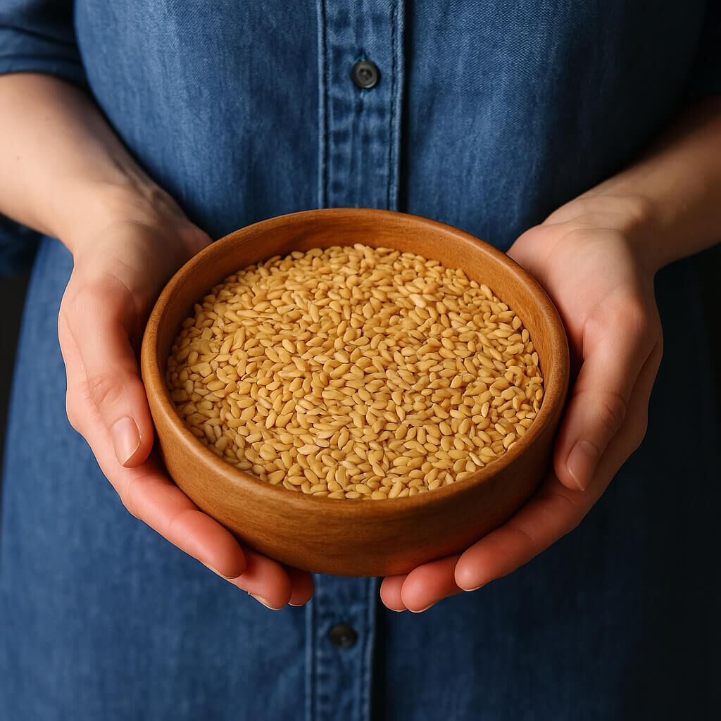 Hand holding wooden bowl of golden flaxseeds