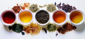Selection of colourful teas in white cups with loose leaves