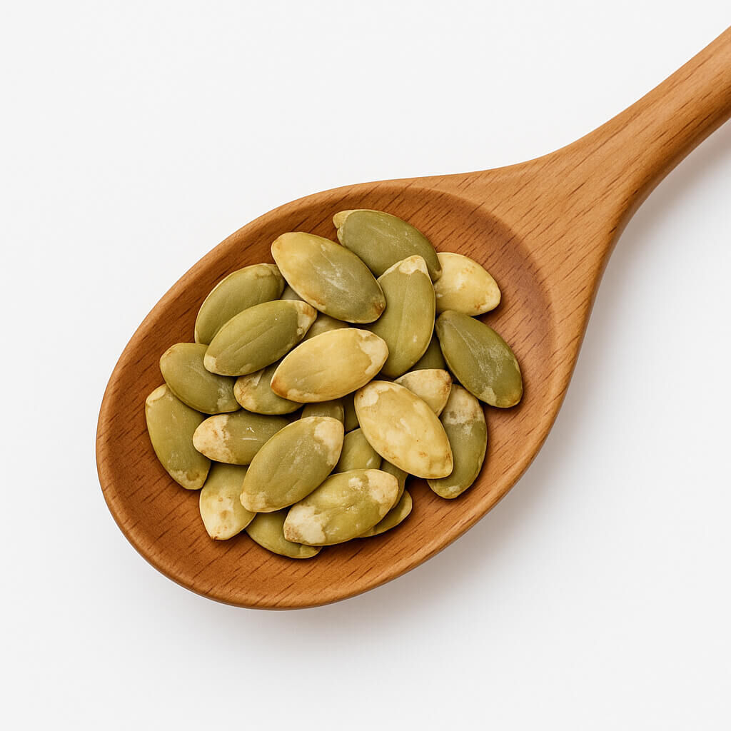 Close-up of shelled pumpkin seeds (pepitas) on wooden spoon
