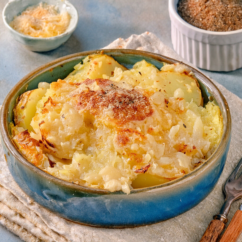 A dish of baked potato and cheese gratin with crispy, golden topping on a blue ceramic plate.