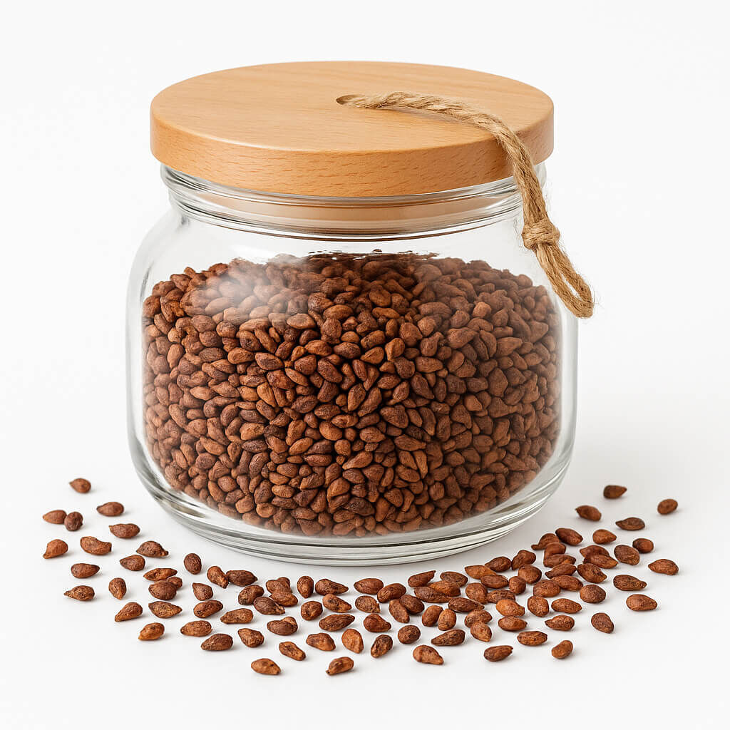 Clear storage jar filled with brown granules